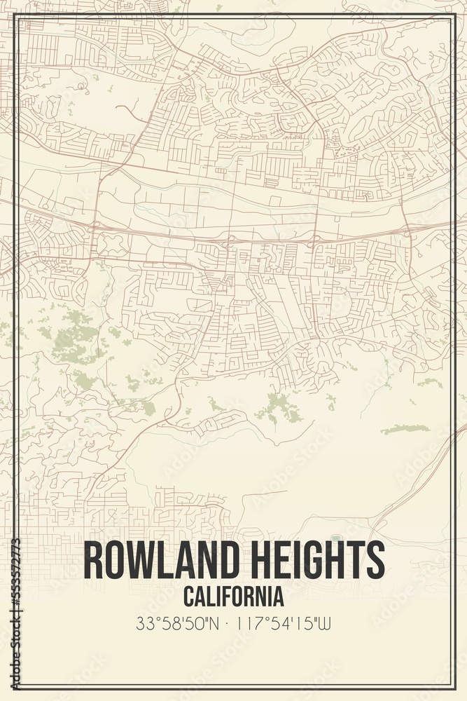 Retro US city map of Rowland Heights, California. Vintage street map.