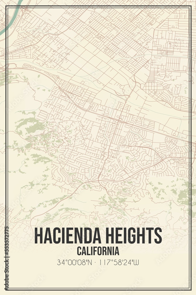 Retro US city map of Hacienda Heights, California. Vintage street map.