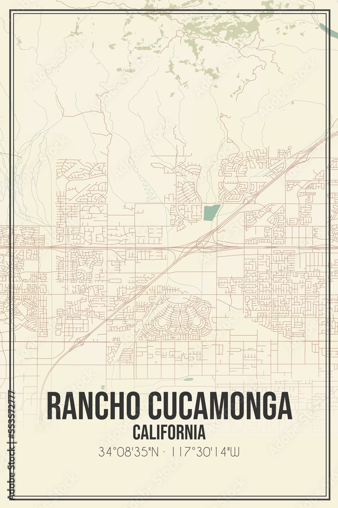 Retro US city map of Rancho Cucamonga, California. Vintage street map.