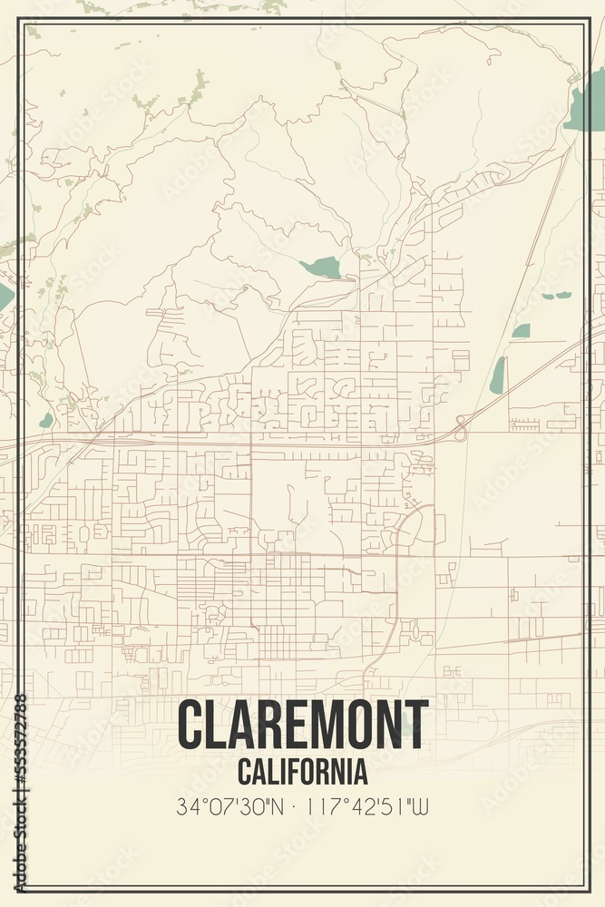 Retro US city map of Claremont, California. Vintage street map. - obrazy, fototapety, plakaty 