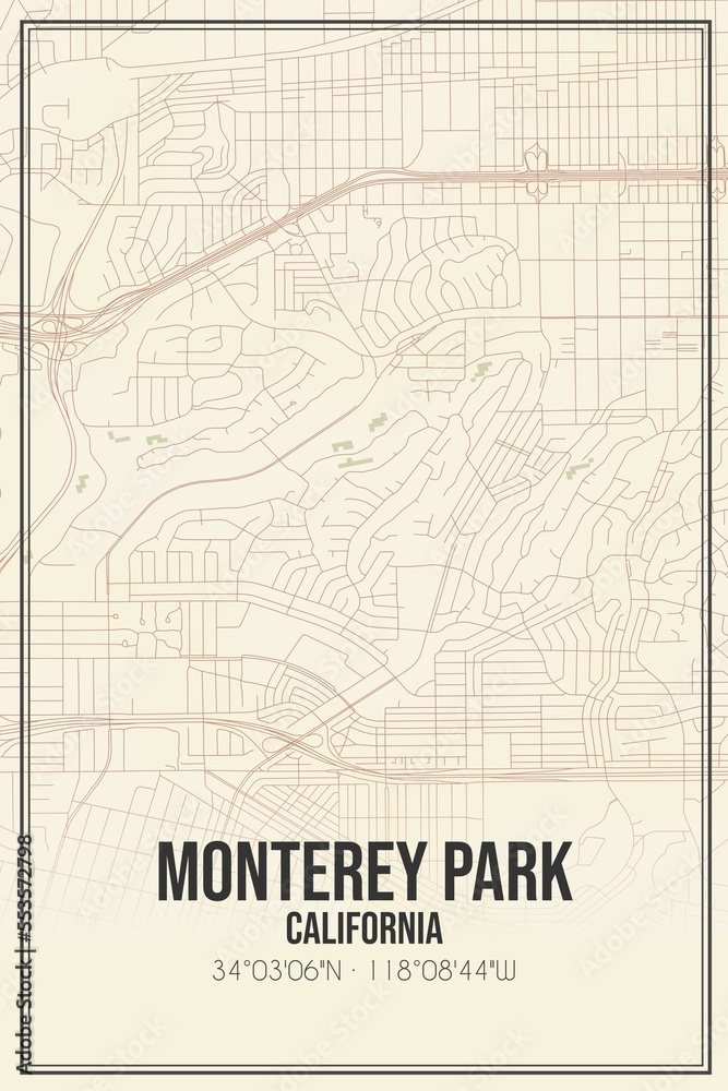 Retro US city map of Monterey Park, California. Vintage street map.