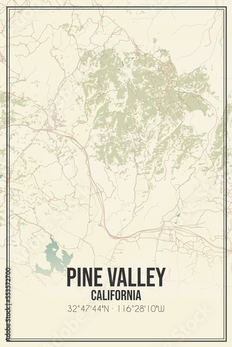 Retro US city map of Pine Valley  California. Vintage street map.