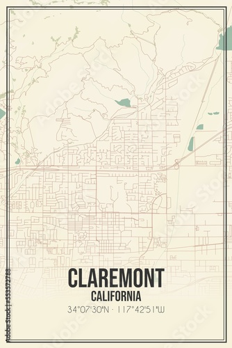 Retro US city map of Claremont, California. Vintage street map. photo