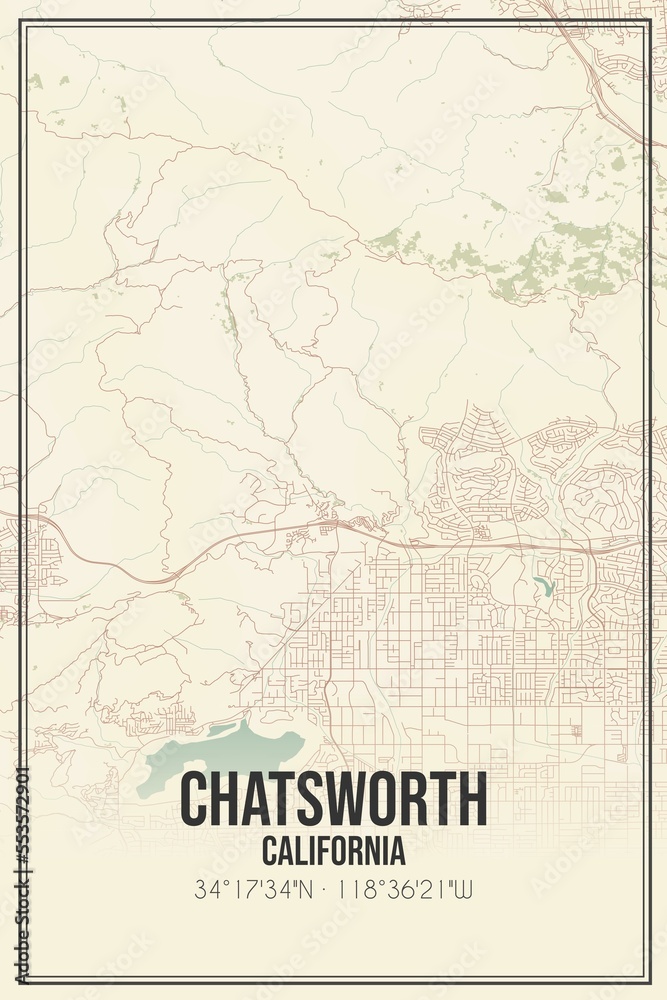 Retro US city map of Chatsworth, California. Vintage street map.