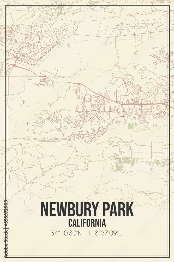 Retro US city map of Newbury Park, California. Vintage street map.
