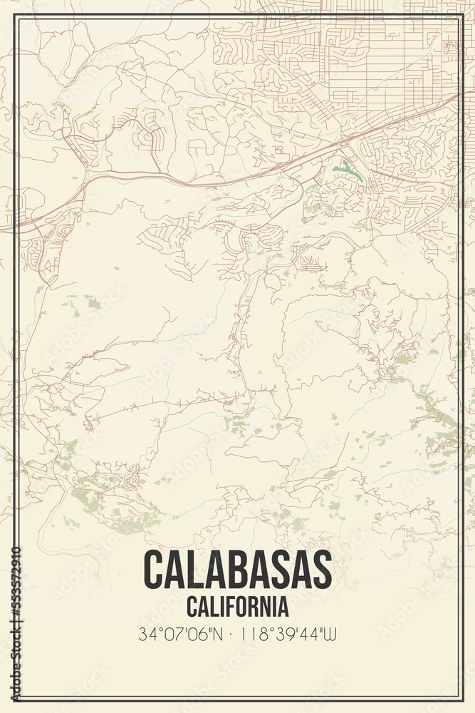 Retro US city map of Calabasas, California. Vintage street map.