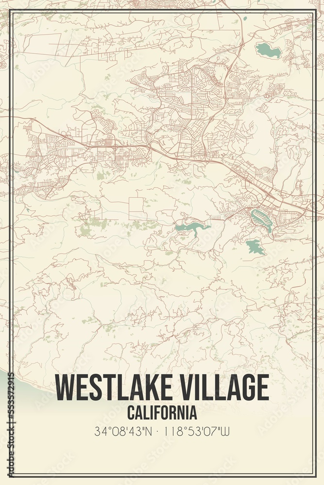 Retro US city map of Westlake Village, California. Vintage street map.