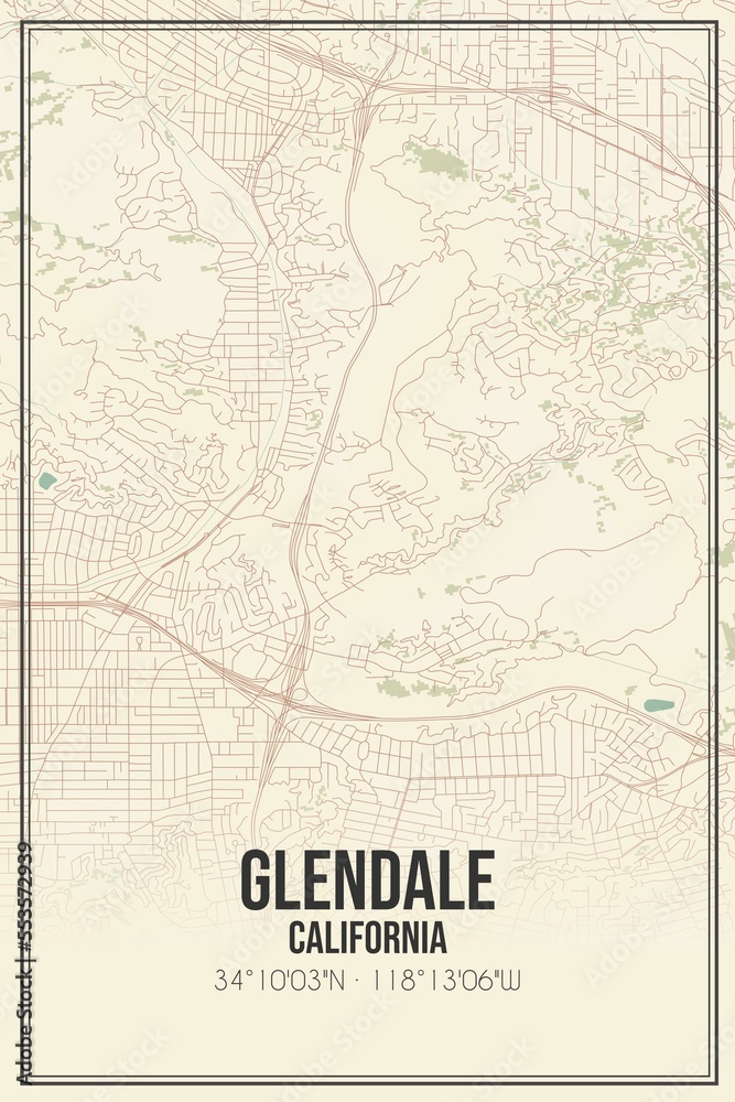 Retro US city map of Glendale, California. Vintage street map.