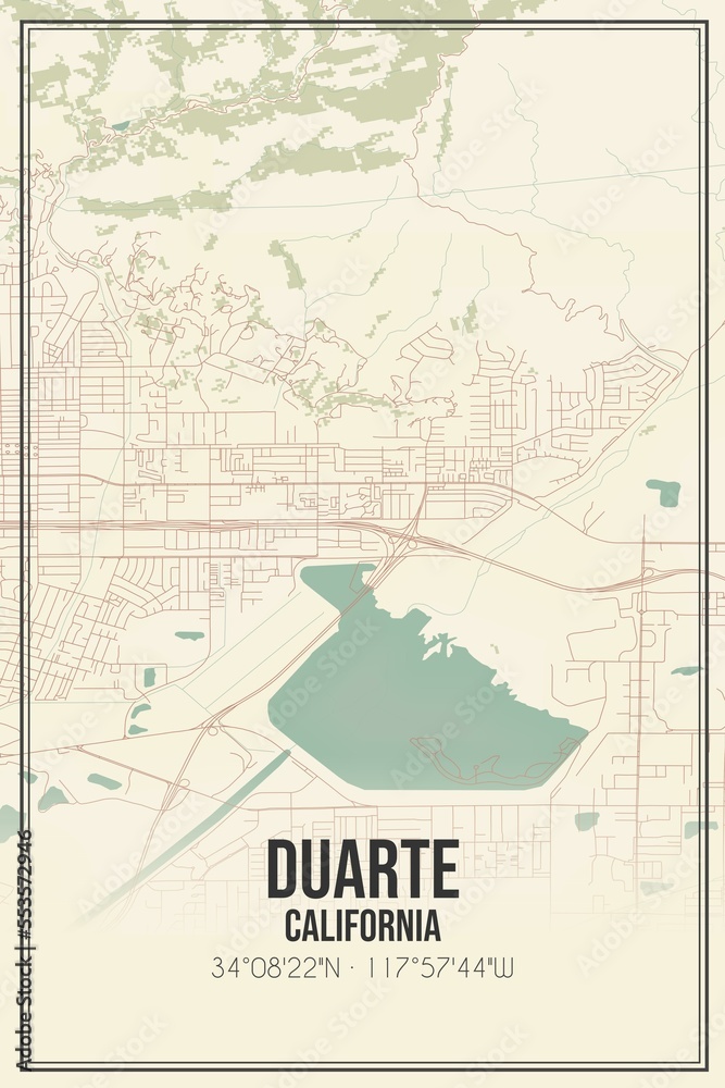 Retro US city map of Duarte, California. Vintage street map.