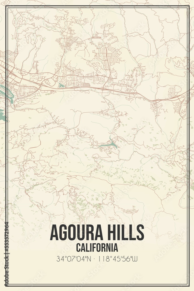 Fototapeta premium Retro US city map of Agoura Hills, California. Vintage street map.