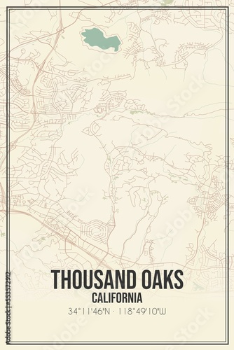 Retro US city map of Thousand Oaks, California. Vintage street map. photo