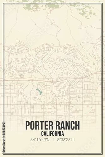 Retro US city map of Porter Ranch, California. Vintage street map.