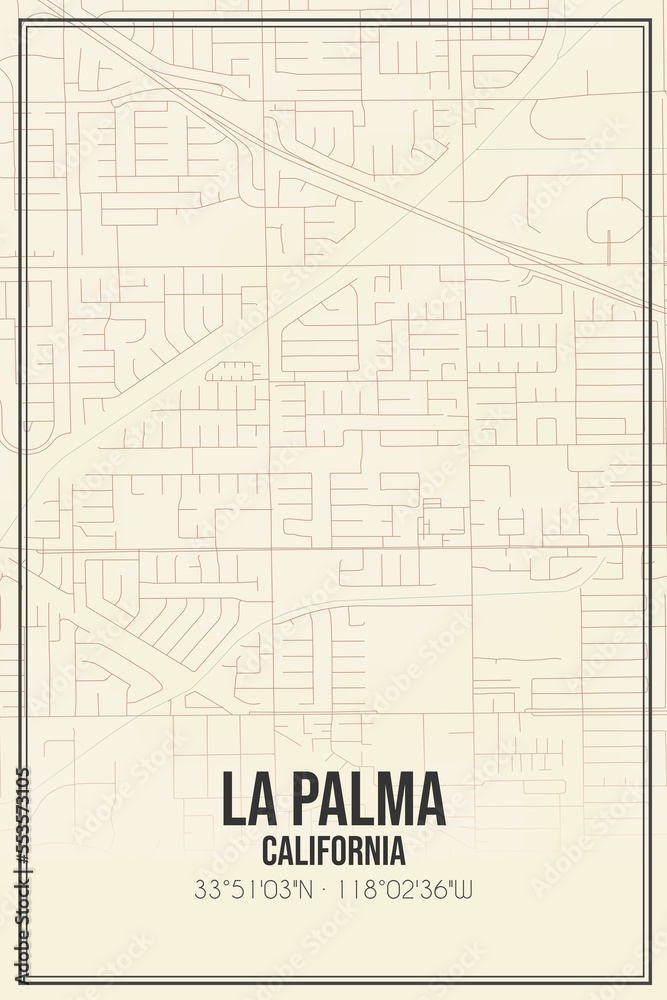 Retro US city map of La Palma, California. Vintage street map.