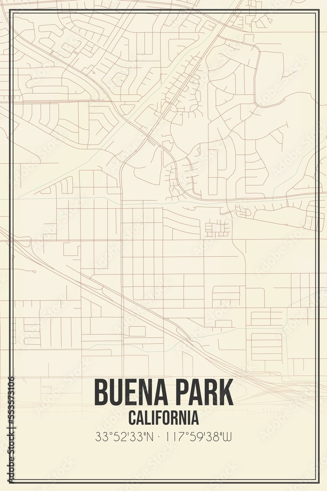 Retro US city map of Buena Park, California. Vintage street map. Retro US city map of Buena Park, California. Vintage street map.