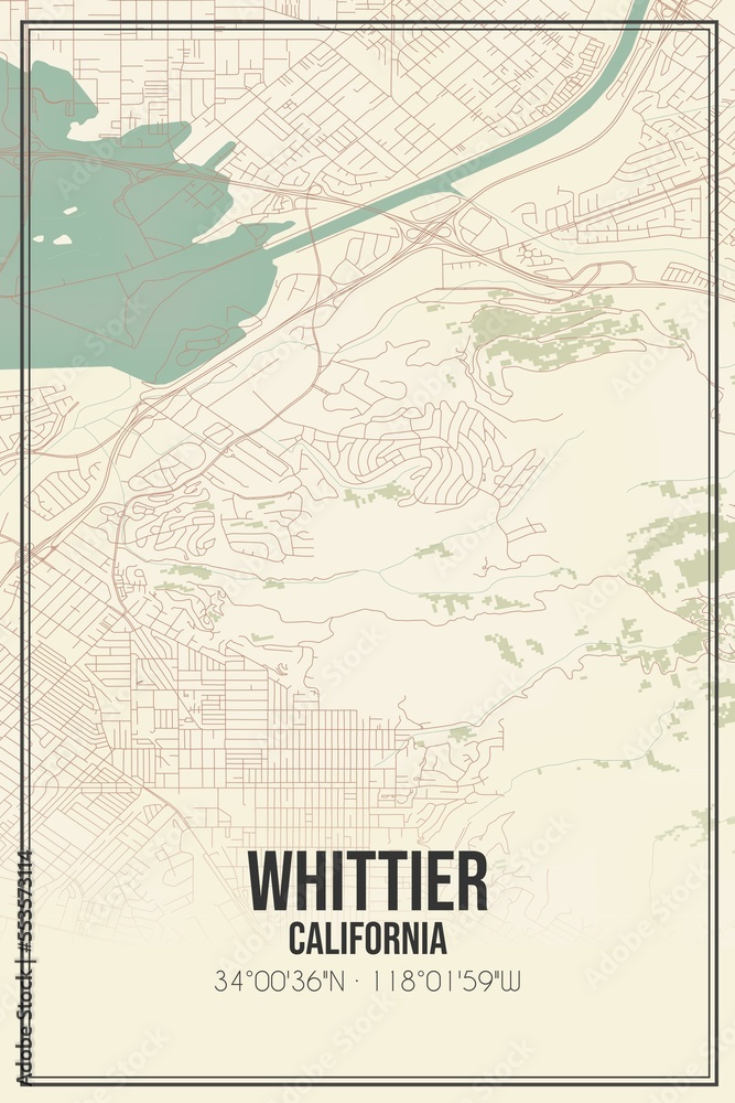 Fototapeta premium Retro US city map of Whittier, California. Vintage street map.