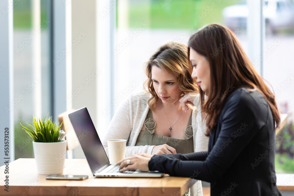 Two professional business woman working together on a computer in a coffee shop: Edmonton, Alberta, Canada Two professional business woman working together on a computer in a coffee shop: Edmonton, Alberta, Canada