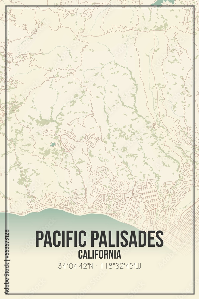 Retro US city map of Pacific Palisades, California. Vintage street map.