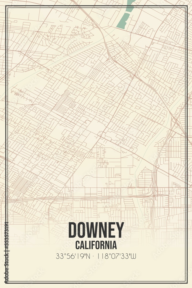 Retro US city map of Downey, California. Vintage street map.