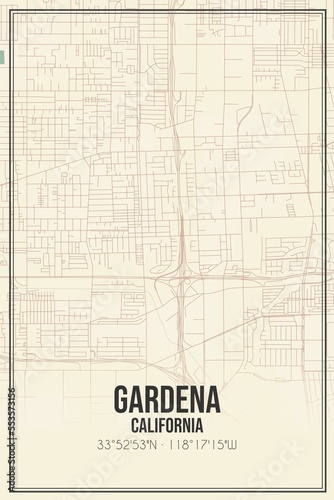 Retro US city map of Gardena, California. Vintage street map.