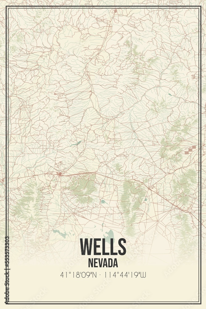 Fototapeta premium Retro US city map of Wells, Nevada. Vintage street map.