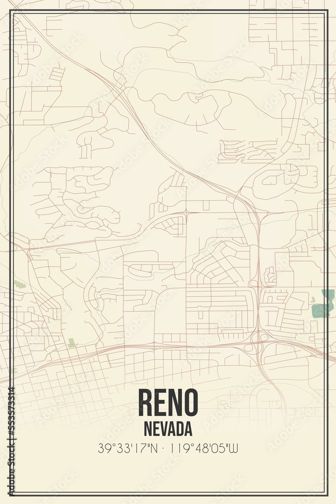 Fototapeta premium Retro US city map of Reno, Nevada. Vintage street map.