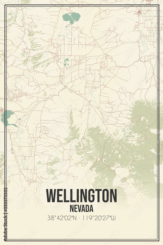 Retro US city map of Wellington, Nevada. Vintage street map.