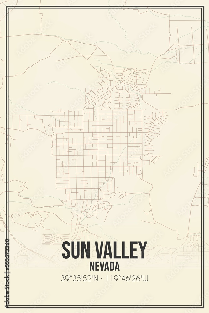 Retro US city map of Sun Valley, Nevada. Vintage street map.