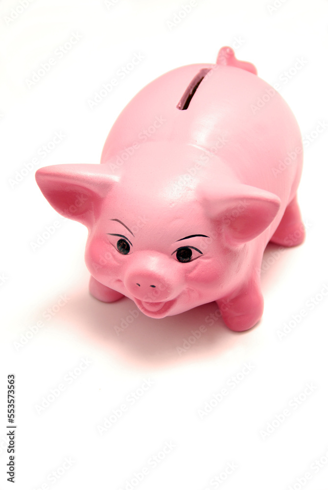 pink piggybank for saving money, front side, isolated