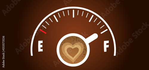 Cartoon coffee speed meter, power on. Coffee or tea break. Measuring scale with cup of coffee. Coffee time Vector icon or logo. Battery charge, full energy indicator. Energetic drink. Love heart.