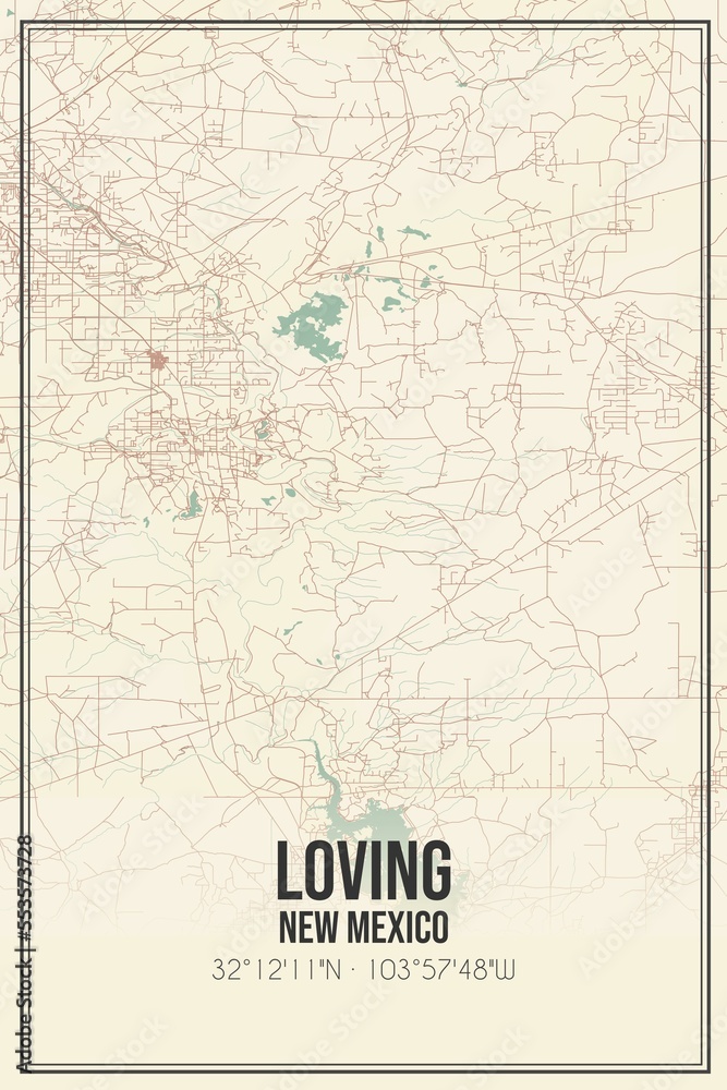 Retro US city map of Loving, New Mexico. Vintage street map.