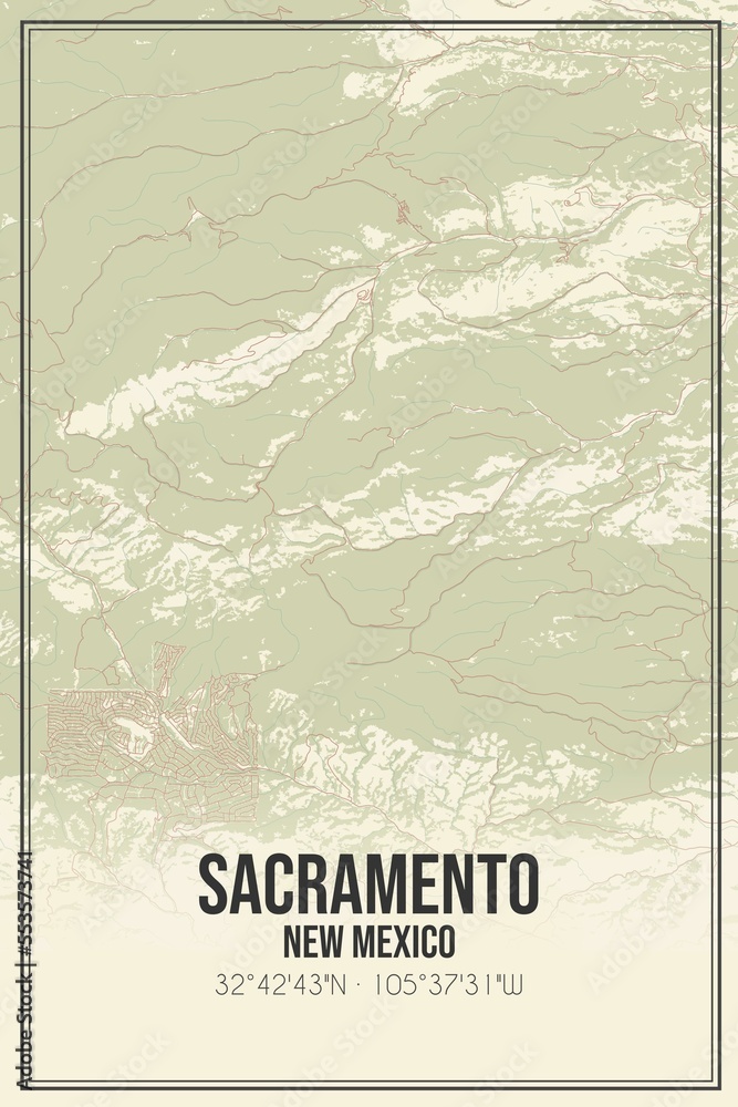 Retro US city map of Sacramento, New Mexico. Vintage street map.