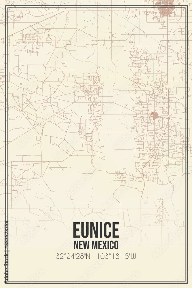 Retro US city map of Eunice, New Mexico. Vintage street map.