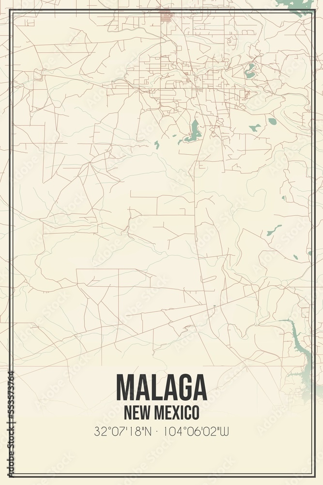 Retro US city map of Malaga, New Mexico. Vintage street map.