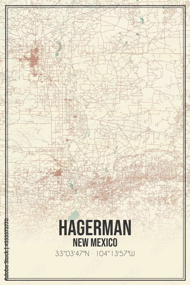 Retro US city map of Hagerman, New Mexico. Vintage street map.