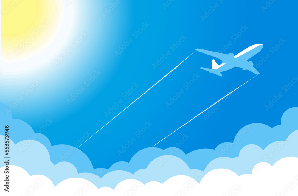 White plane in blue sky flies above clouds near hot sun. Vector ...
