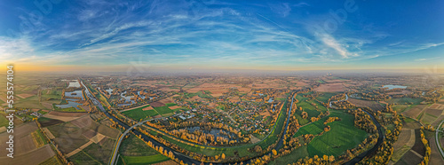 Rzeka Olza wpada do rzeki Odry, obie rzeki wyznaczają granicę Polski i Czech, widok z lotu ptaka jesienią photo