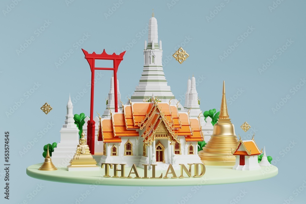3d The iconic of thailand travel concept the most beautiful places to visit in thailand in 3d illustration, thai architecture and tradition heritage.

