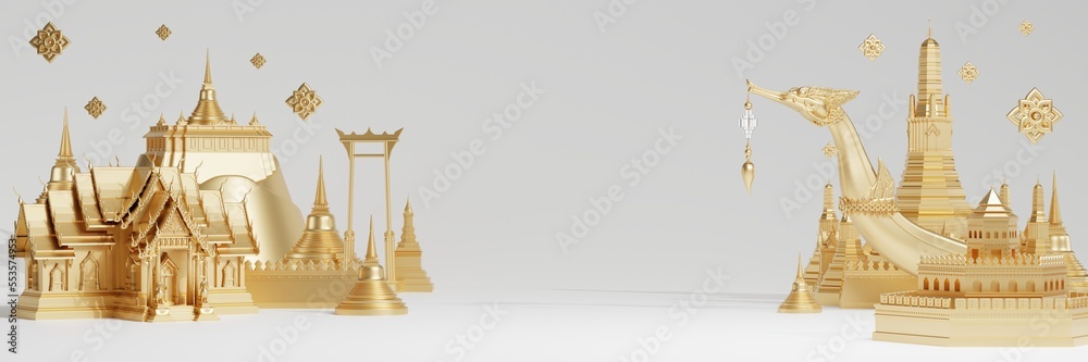 Fototapeta premium 3d The iconic of thailand travel concept the most beautiful places to visit in thailand in 3d illustration, thai architecture and tradition heritage.