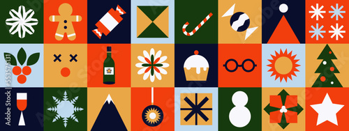 Christmas pattern. Minimal mosaic geometric elements ornamental square tiles, simple shapes forms, gift box packaging design. Vector background