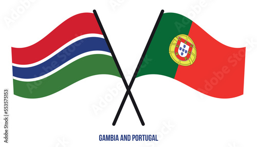 Gambia and Portugal Flags Crossed And Waving Flat Style. Official Proportion. Correct Colors.