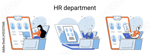 HR department, headhunter job, selection interview scenes set. Employer selects applicant candidates for work or study. Specialist engaged in selection, adaptation, dismissal, development of personnel