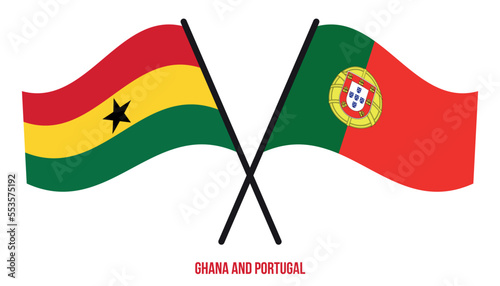 Ghana and Portugal Flags Crossed And Waving Flat Style. Official Proportion. Correct Colors.