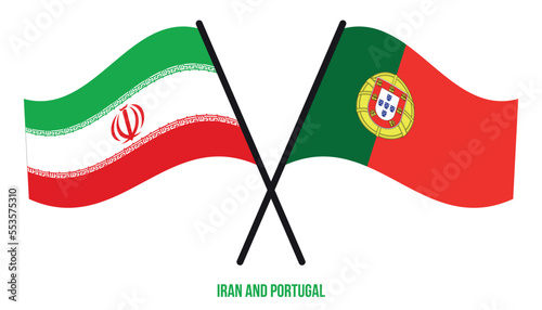 Iran and Portugal Flags Crossed And Waving Flat Style. Official Proportion. Correct Colors.