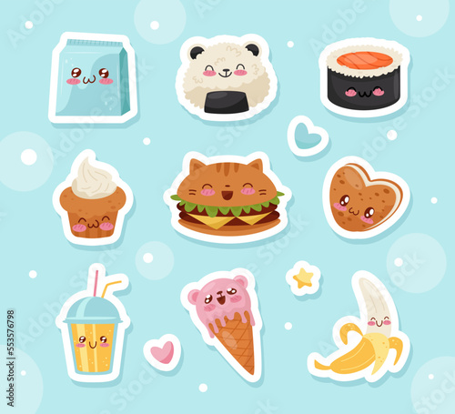 Kawaii Food with Tasty Meal with Cute Faces Vector Sticker Set