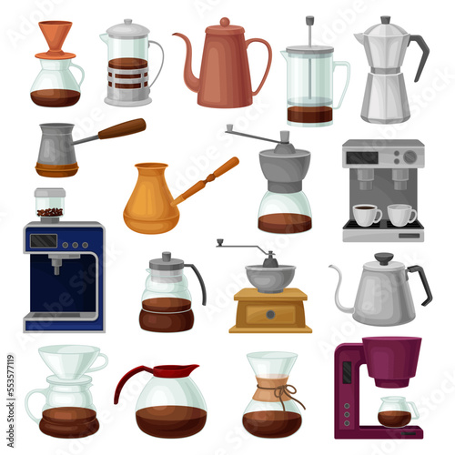 Coffee Brewing in Kettles, French Press, Jezve and Coffee Machine Big Vector Set