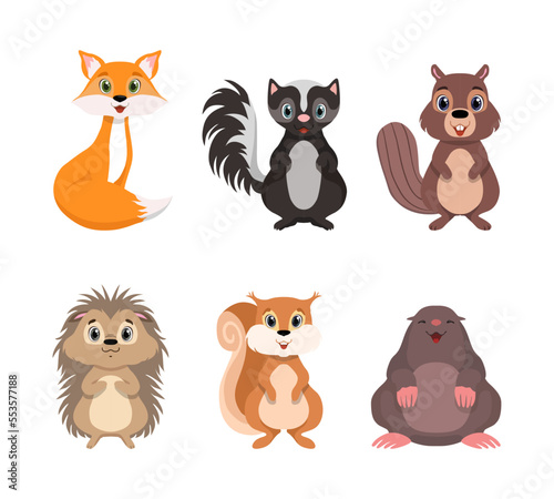 Cute Woodland Animals with Red Fox  Skunk  Beaver  Hedgehog  Squirrel and Mole Vector Set