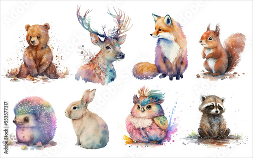 Safari Animal set hedgehog, fox, squirrel, deer, hare, owl, raccoon, bear in watercolor style. Isolated vector illustration © Zaleman