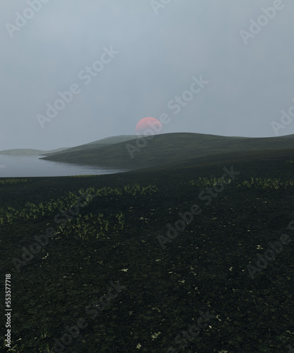 Sci-Fi surreal dreamy landscape with grass. 3d render, 3d illustration.