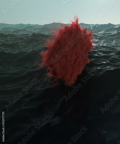 Raging ocean with red cloud. 3d render, 3d illustration.
