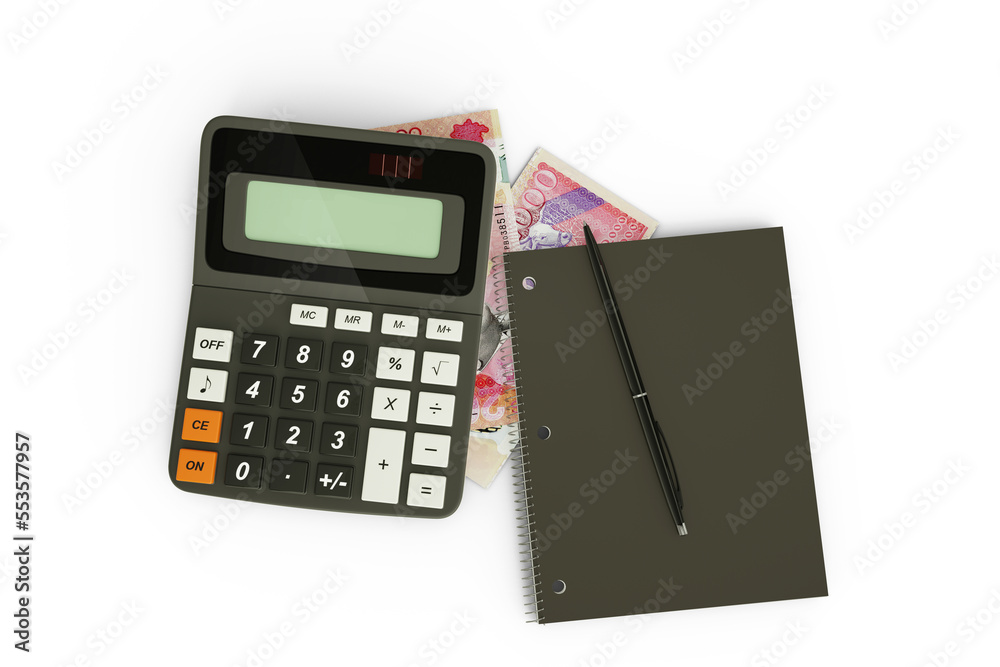 3D rendering of a composition of Mauritian rupee notes, a calculator, a note book and a pen isolated on white background. Tax background design concept 3D rendering of a composition of Mauritian rupee notes, a calculator, a note book and a pen isolated on white background. Tax background design concept